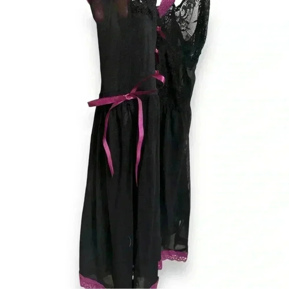 NWT Adore me Black and Purple Mesh Side Slit Babydoll Nightie with Black Panties - Picture 6 of 12